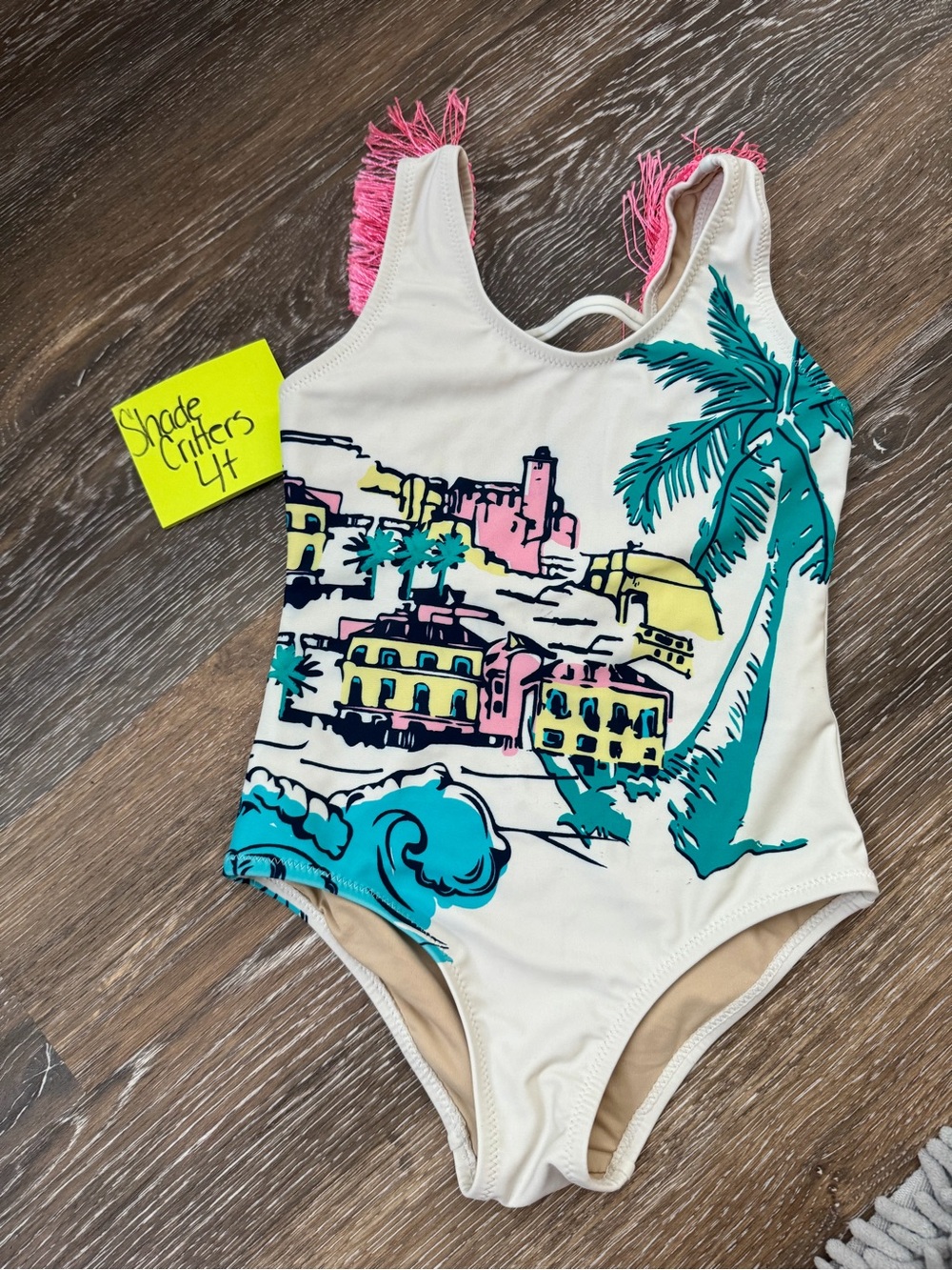Shade Critters white beachscape fringe back one-piece swimsuit. Out of stock